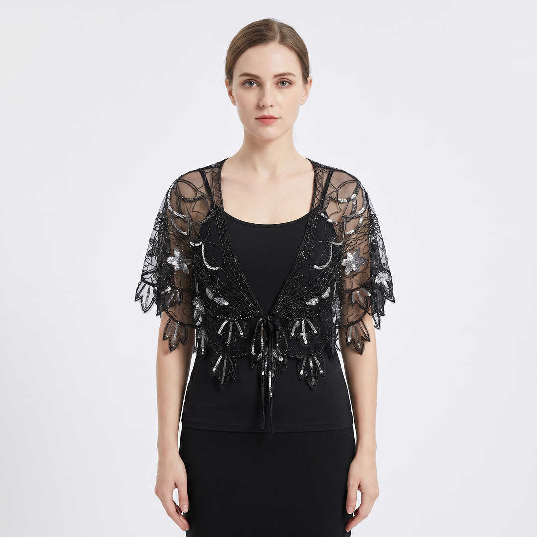 Sheer Tops - Sequin Beaded Mesh Capelet Evening Shawl