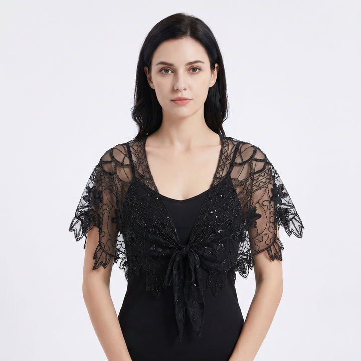 Sheer Tops - Sequin Beaded Mesh Capelet Evening Shawl