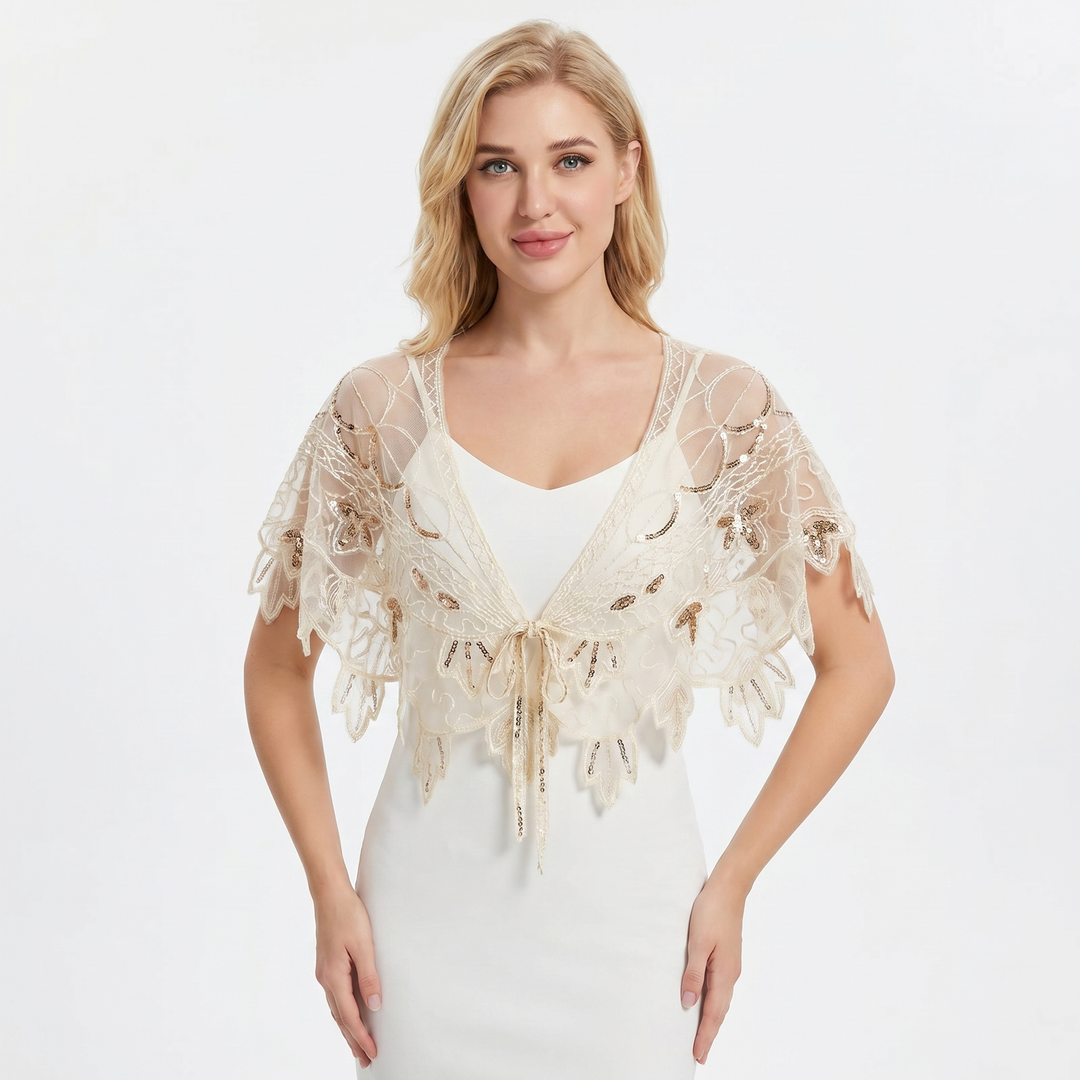 Sheer Tops - Sequin Beaded Mesh Capelet Evening Shawl