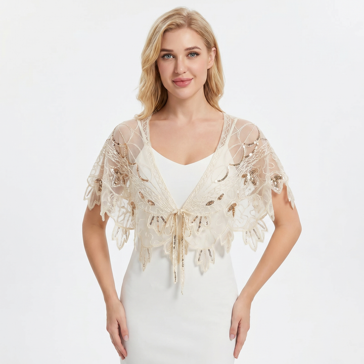 Sheer Tops - Sequin Beaded Mesh Capelet Evening Shawl