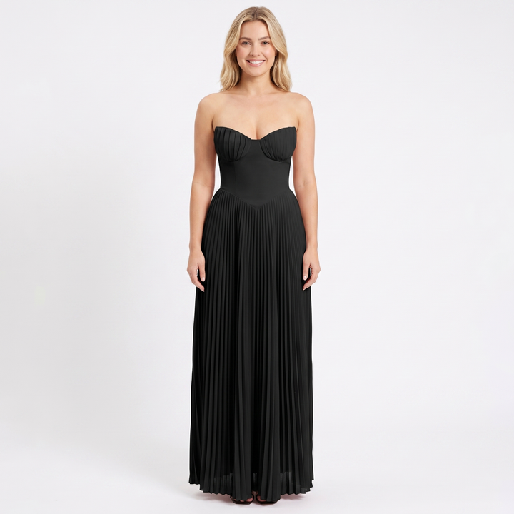 Maxi Dress Strapless - Bustier Bodice Pleated Skirt