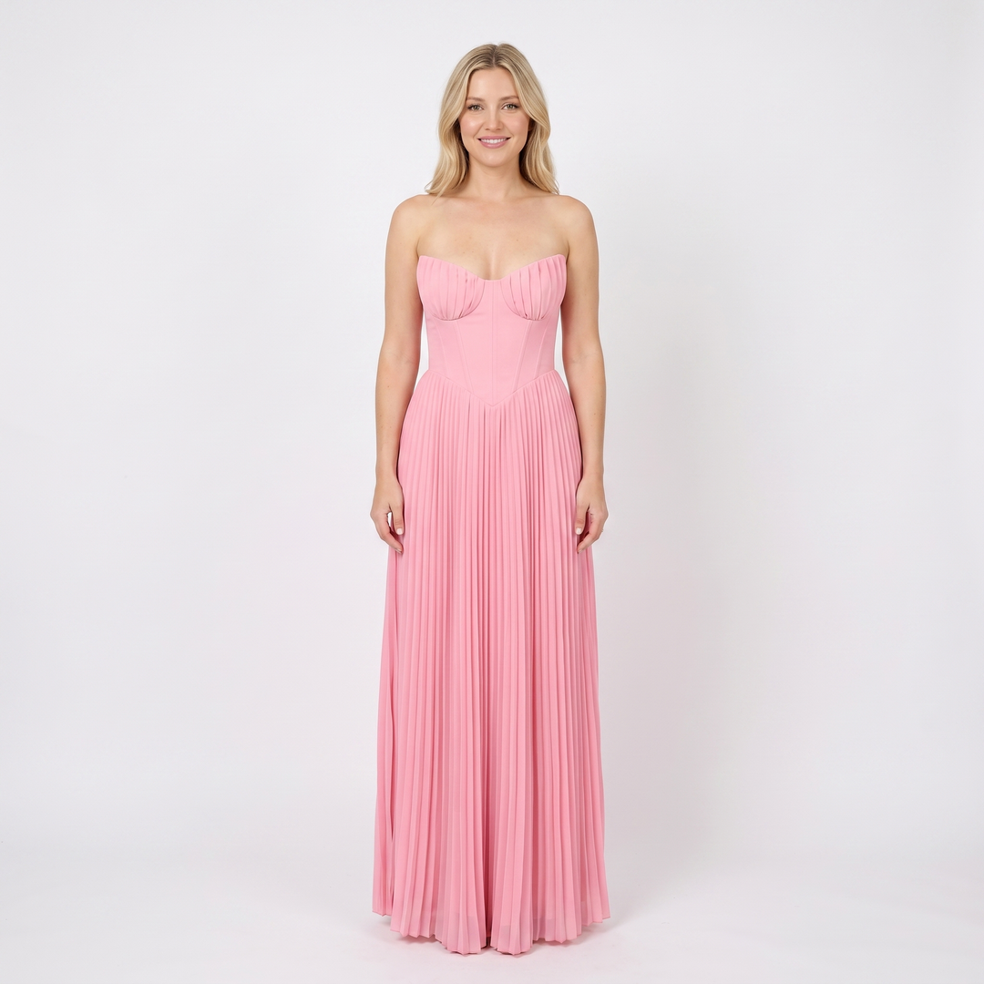 Maxi Dress Strapless - Bustier Bodice Pleated Skirt