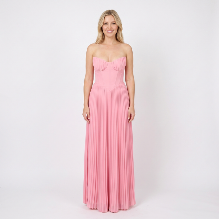 Maxi Dress Strapless - Bustier Bodice Pleated Skirt