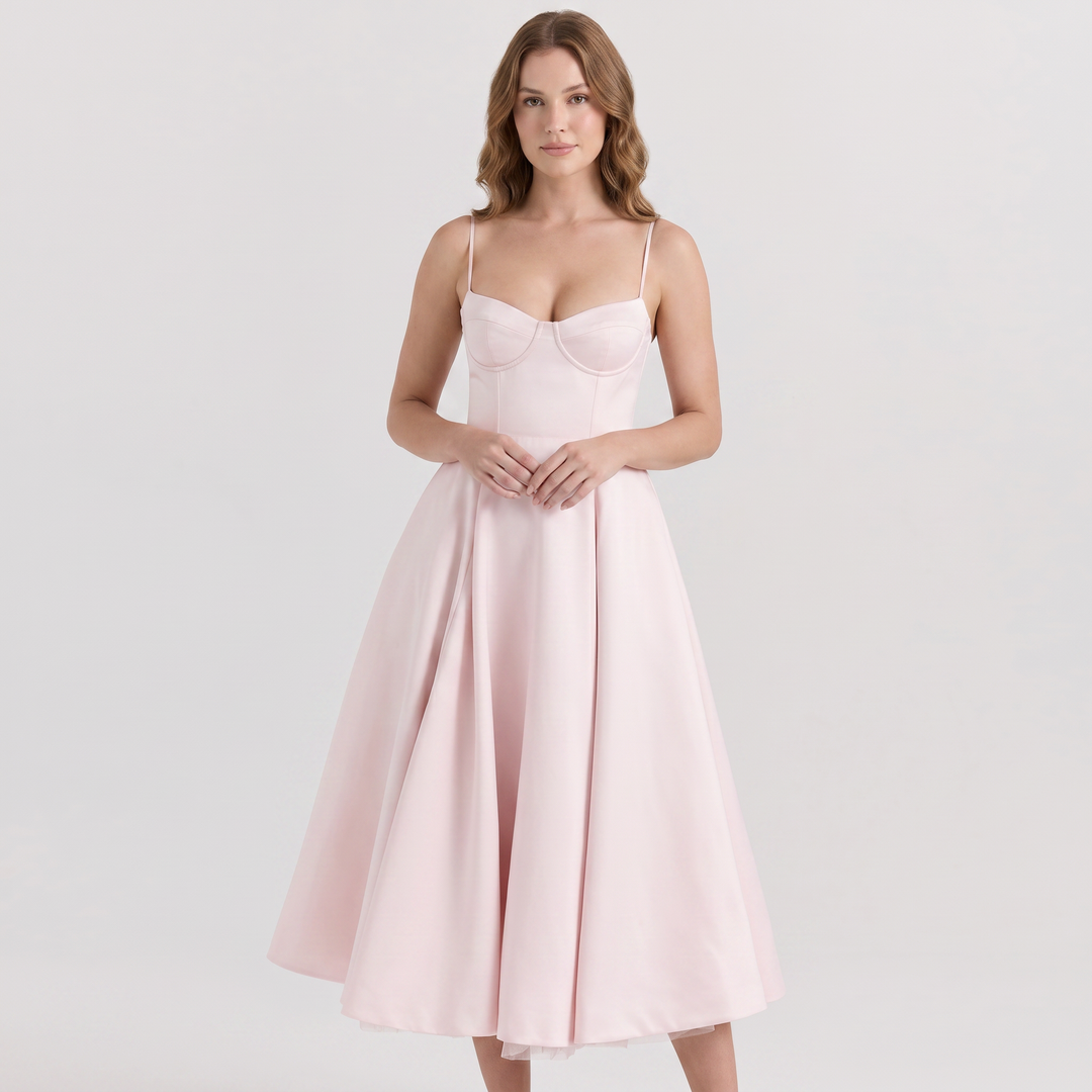 Midi Dress Strappy - Bustier Bodice Full A-Line Skirt