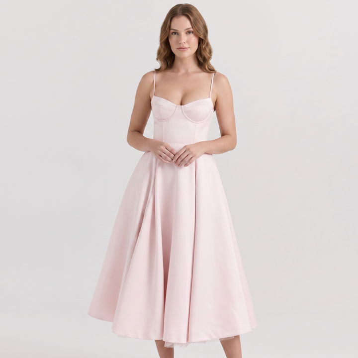 Midi Dress Strappy - Bustier Bodice Full A-Line Skirt