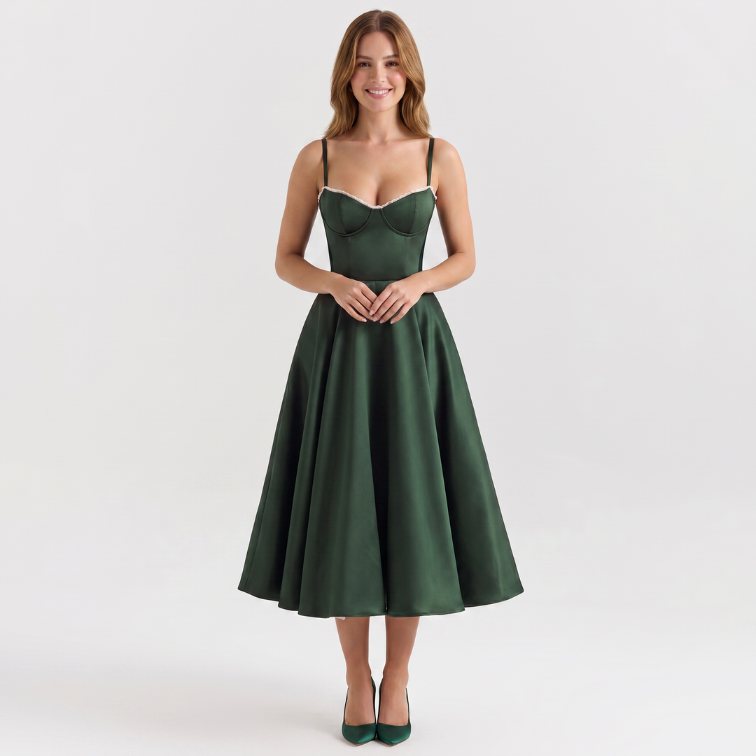 Midi Dress Strappy - Bustier Bodice Full A-Line Skirt