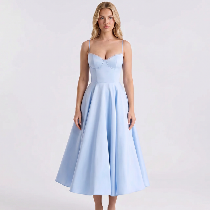 Midi Dress Strappy - Bustier Bodice Full A-Line Skirt