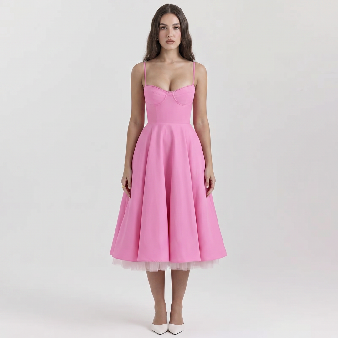 Midi Dress Strappy - Bustier Bodice Full A-Line Skirt