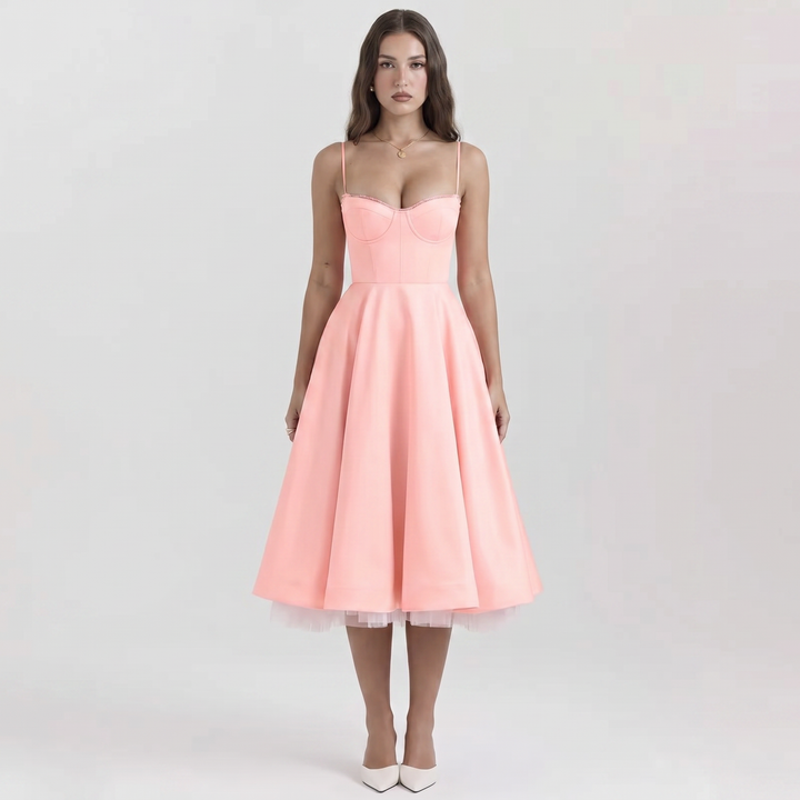 Midi Dress Strappy - Bustier Bodice Full A-Line Skirt