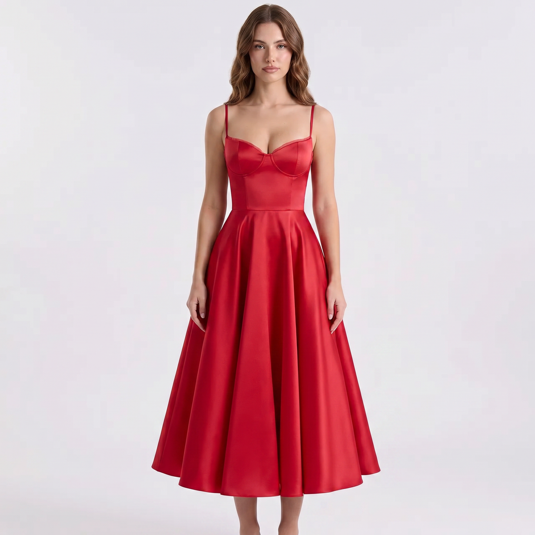 Midi Dress Strappy - Bustier Bodice Full A-Line Skirt