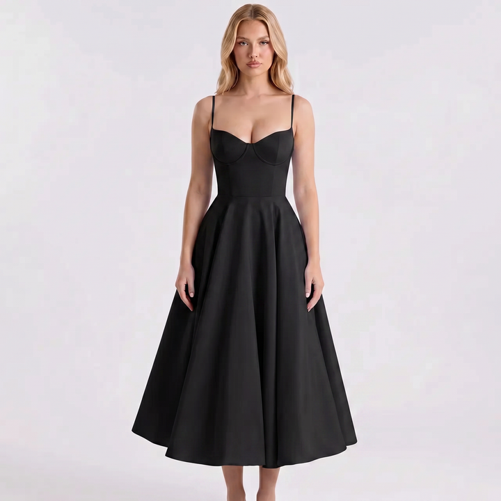 Midi Dress Strappy - Bustier Bodice Full A-Line Skirt