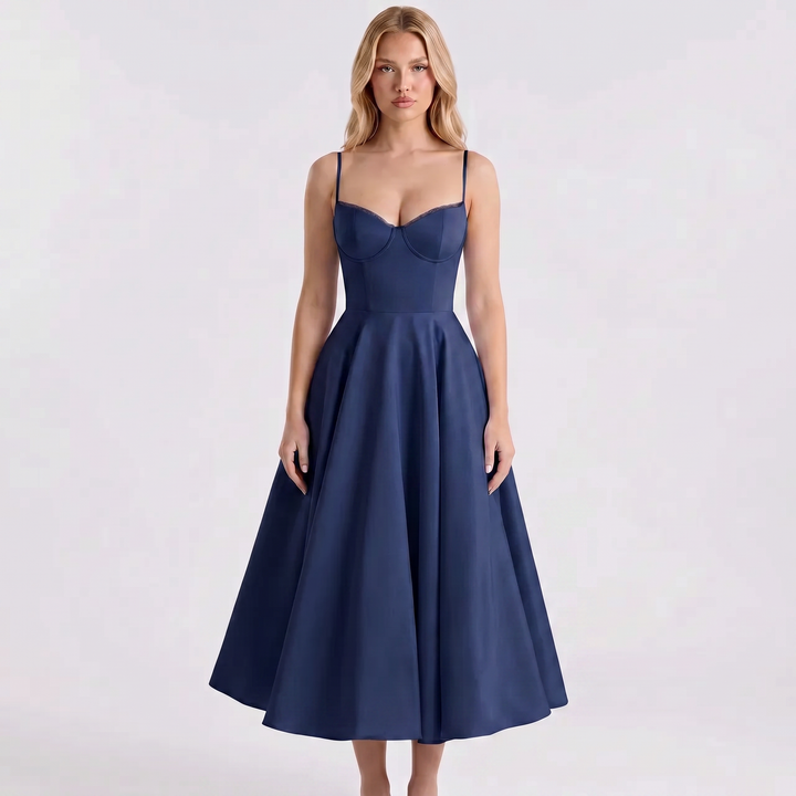 Midi Dress Strappy - Bustier Bodice Full A-Line Skirt