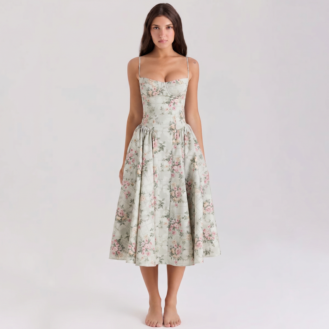 Sundress Strappy - Bustier Bodice Gathered Midi