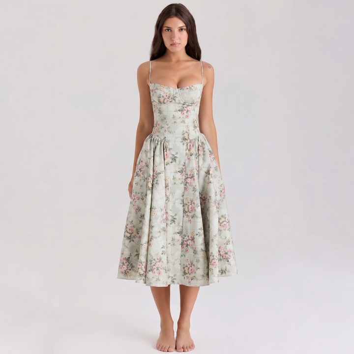 Sundress Strappy - Bustier Bodice Gathered Midi