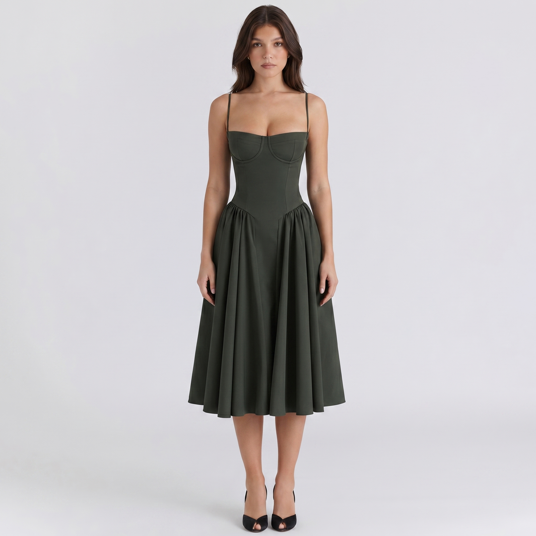 Sundress Strappy - Bustier Bodice Gathered Midi