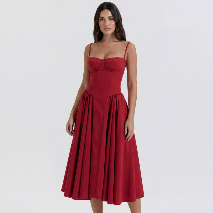 Sundress Strappy - Bustier Bodice Gathered Midi