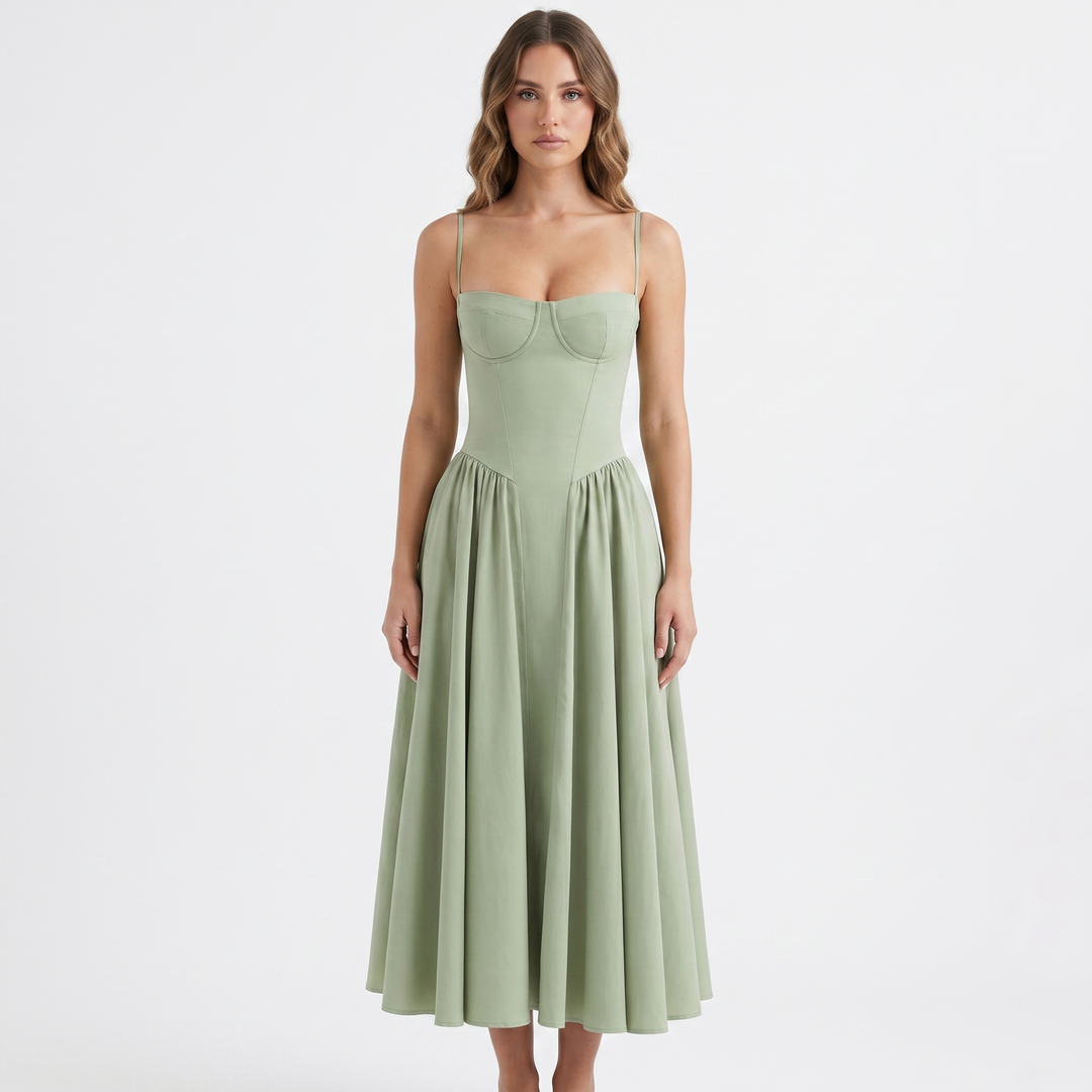 Sundress Strappy - Bustier Bodice Gathered Midi
