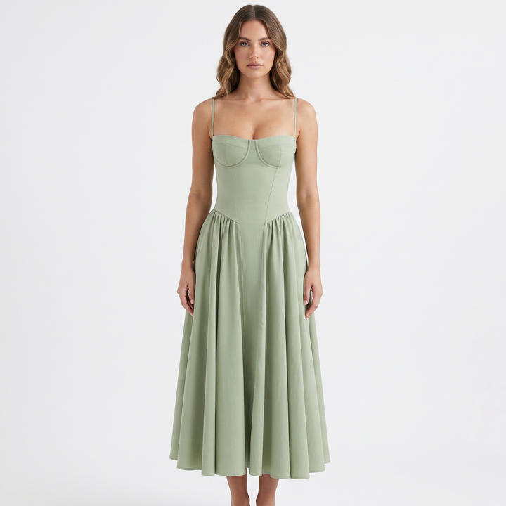 Sundress Strappy - Bustier Bodice Gathered Midi