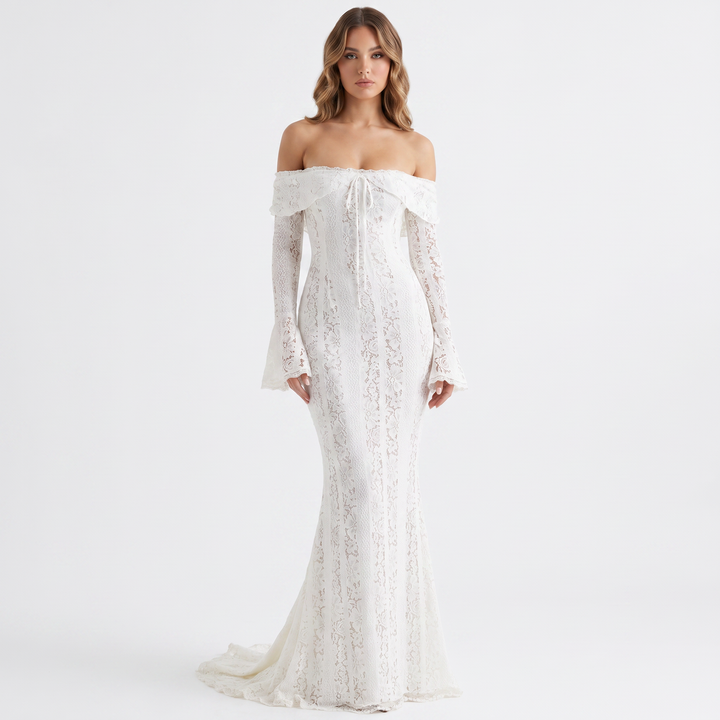Lace Maxi Dress - Off Shoulder Long Sleeve Mermaid