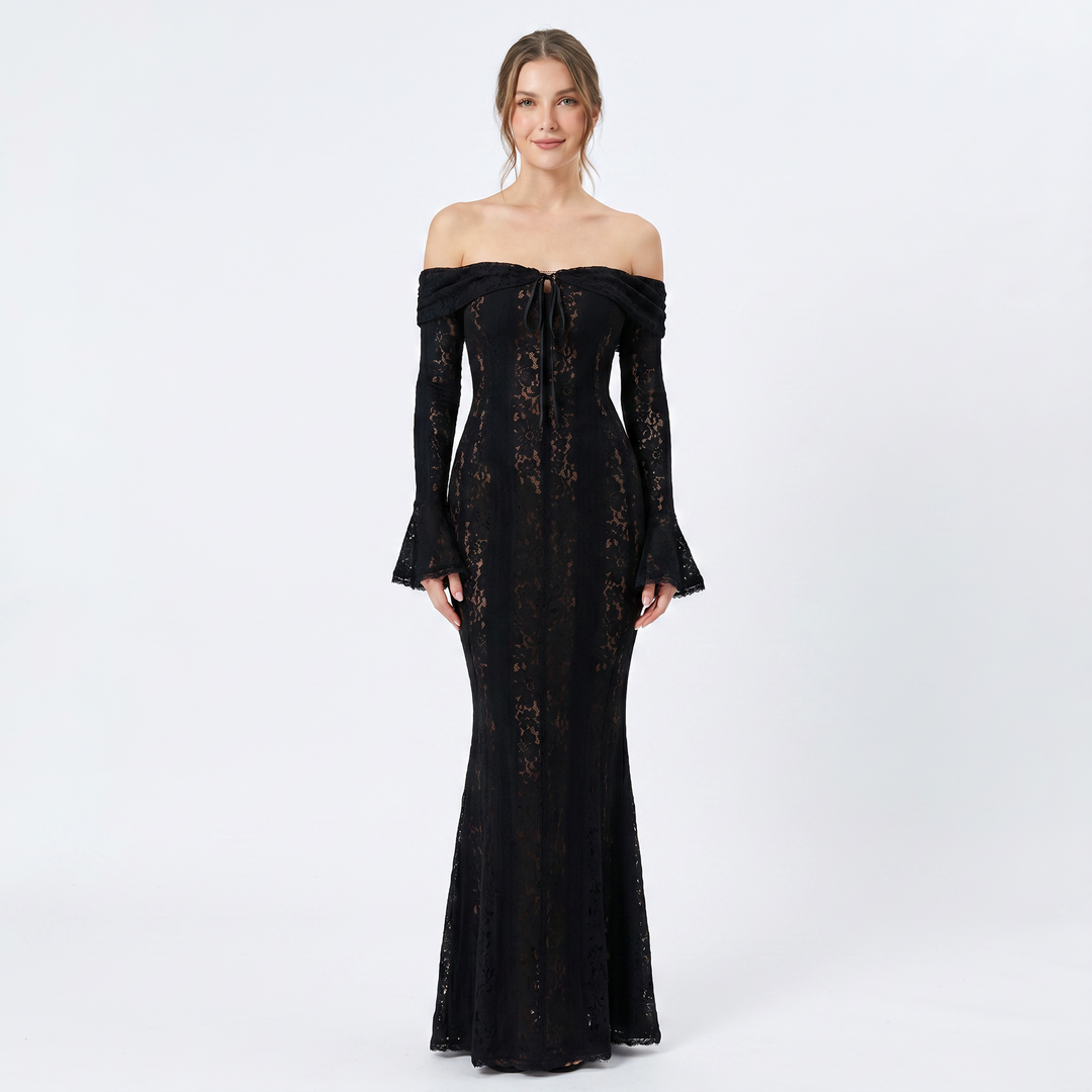 Lace Maxi Dress - Off Shoulder Long Sleeve Mermaid