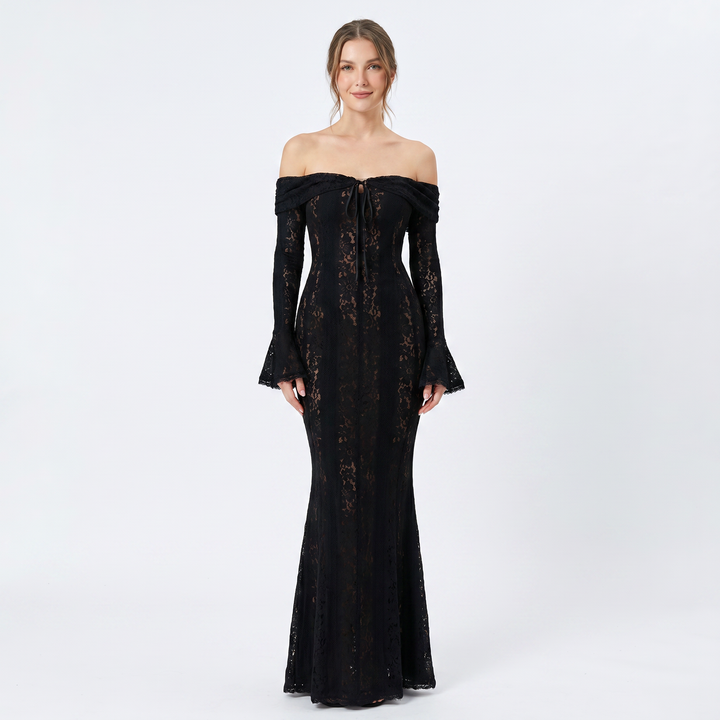 Lace Maxi Dress - Off Shoulder Long Sleeve Mermaid