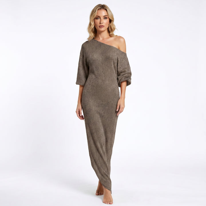 Linen Maxi Dress - One Shoulder Oversized Batwing Sleeve