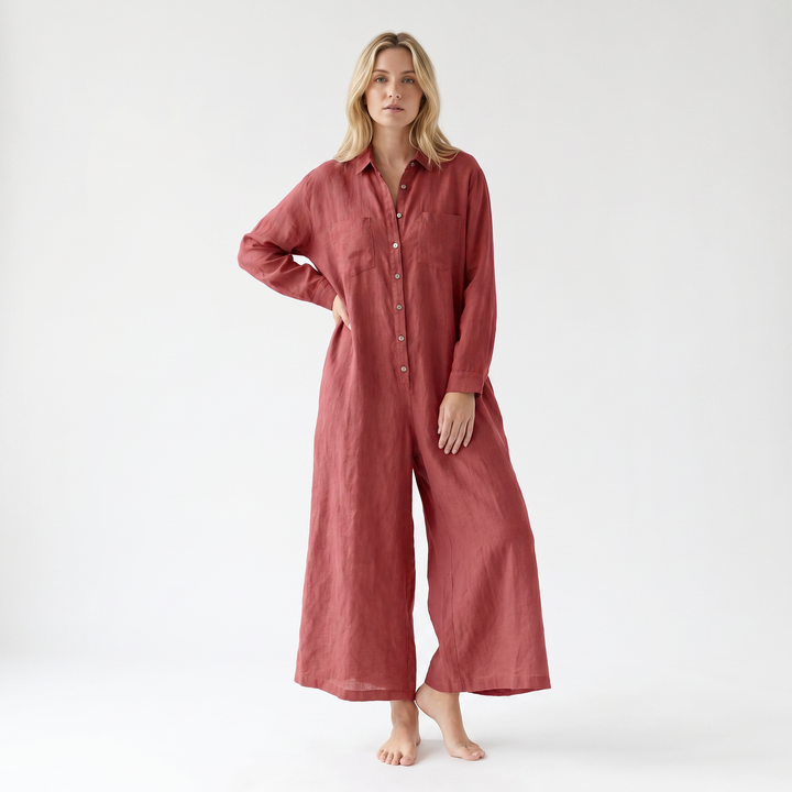 Jumpsuit Women Linen - Wide Leg Button Down Long Sleeve