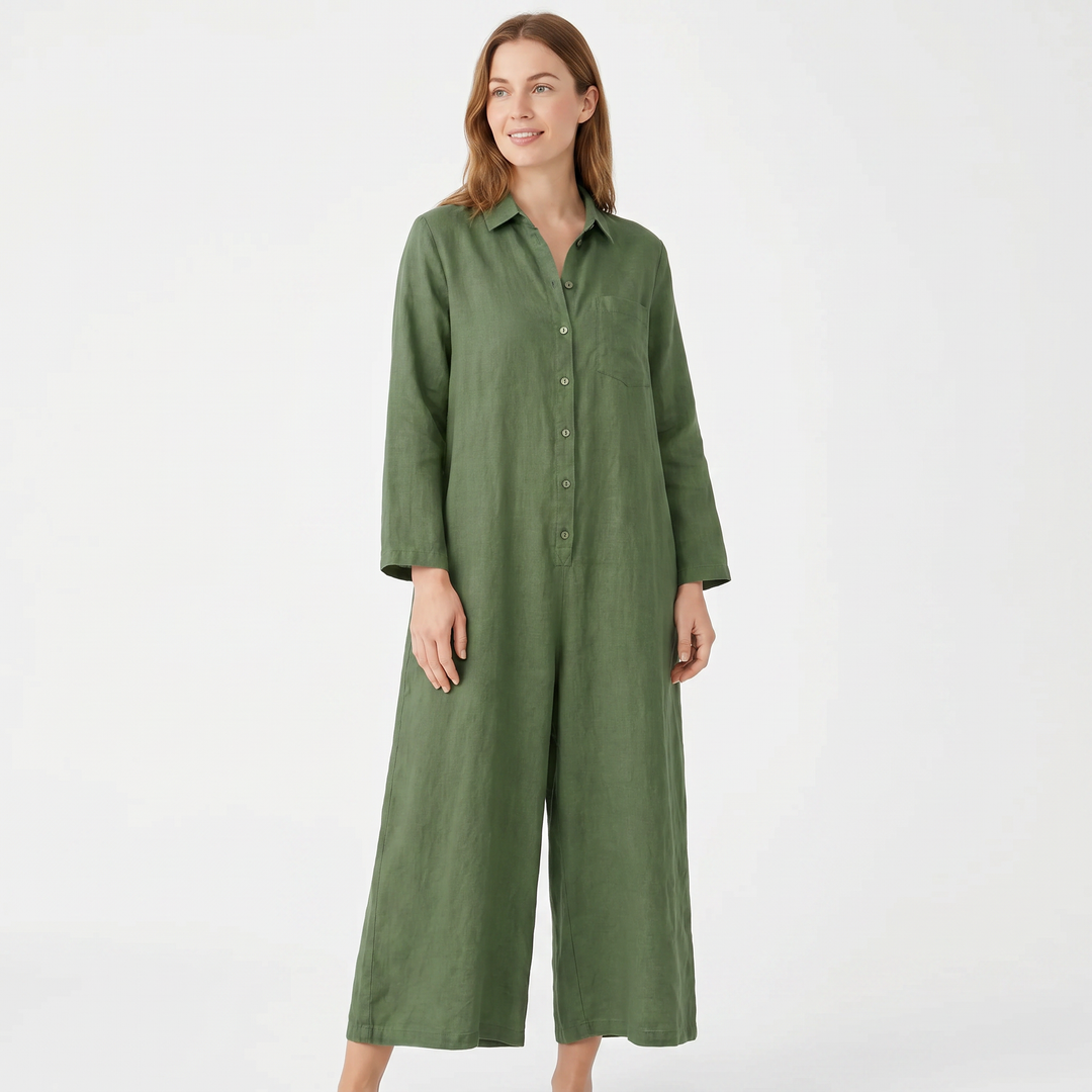Jumpsuit Women Linen - Wide Leg Button Down Long Sleeve