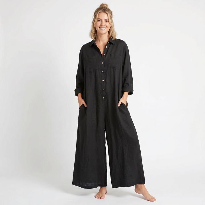 Jumpsuit Women Linen - Wide Leg Button Down Long Sleeve