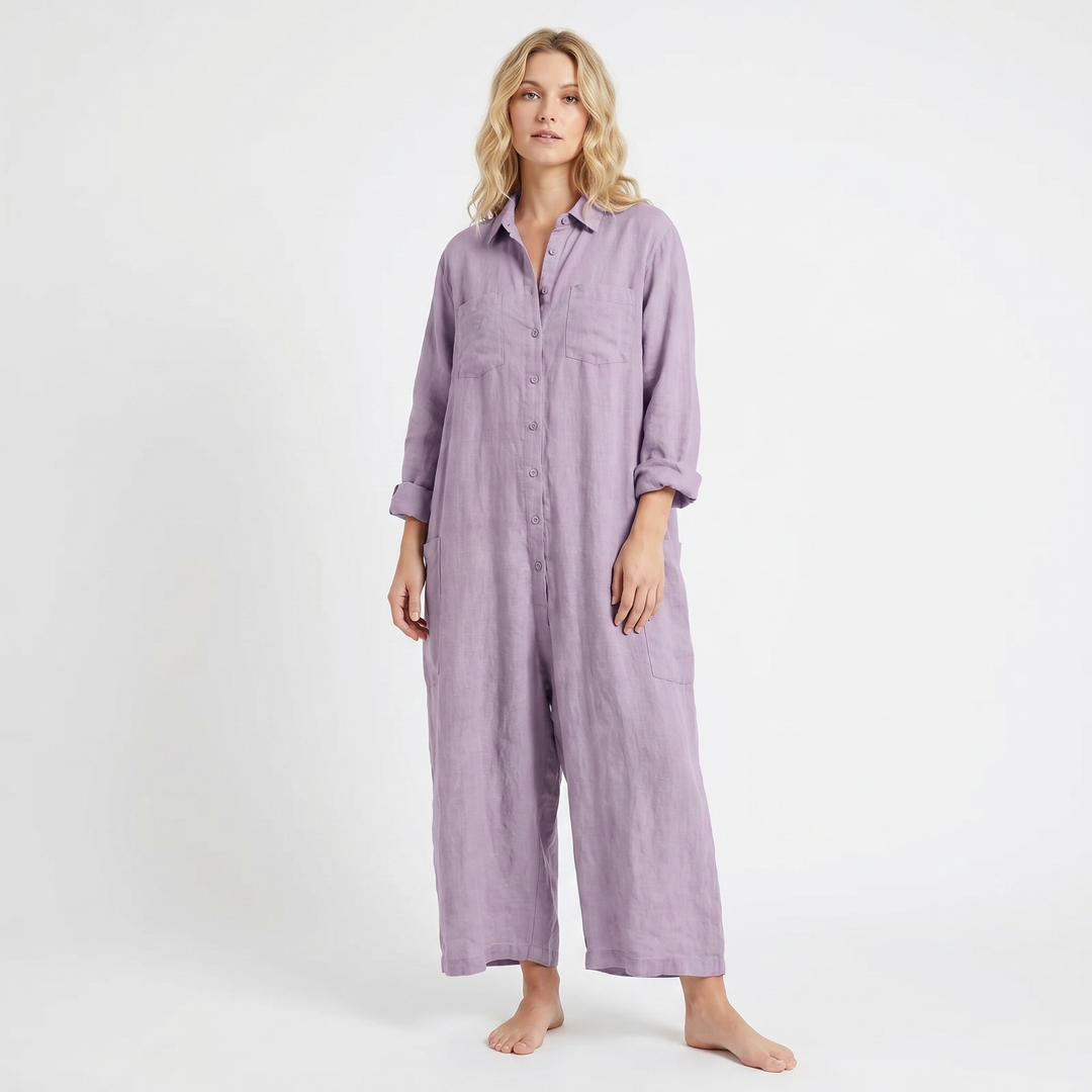 Jumpsuit Women Linen - Wide Leg Button Down Long Sleeve