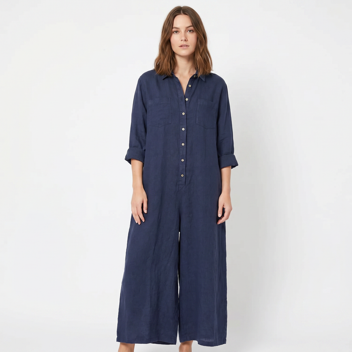Jumpsuit Women Linen - Wide Leg Button Down Long Sleeve