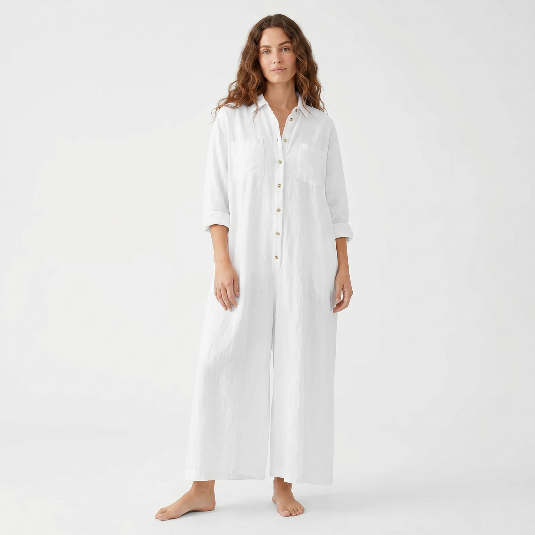 Jumpsuit Women Linen - Wide Leg Button Down Long Sleeve
