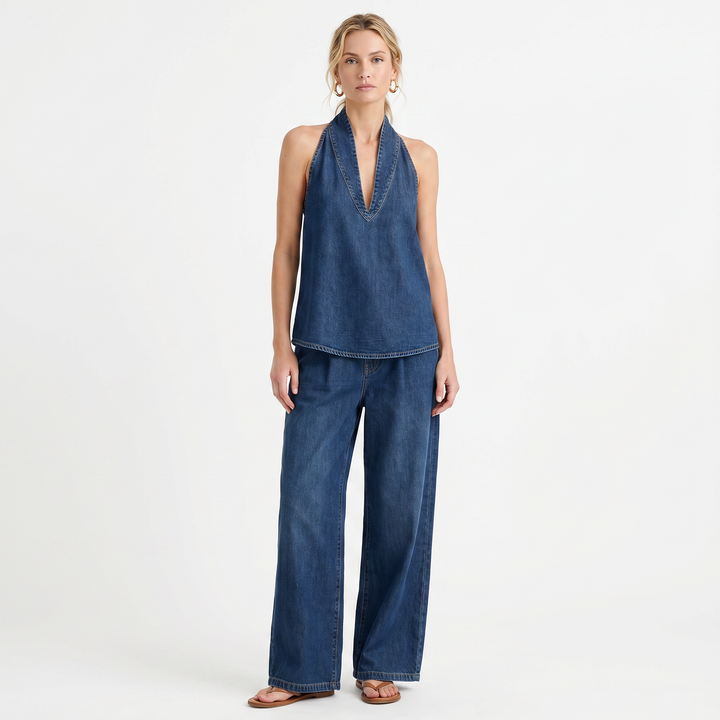 Matching Sets Women Denim - Halter Top Wide Leg Pants