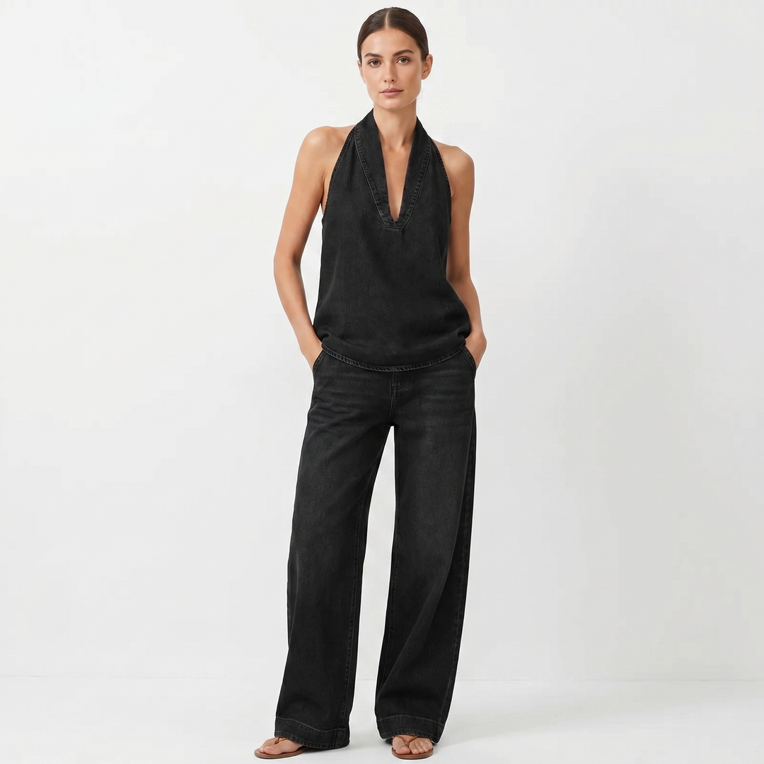Matching Sets Women Denim - Halter Top Wide Leg Pants