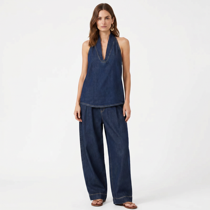 Matching Sets Women Denim - Halter Top Wide Leg Pants