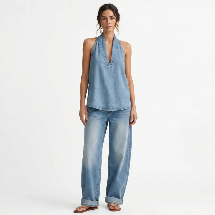 Matching Sets Women Denim - Halter Top Wide Leg Pants