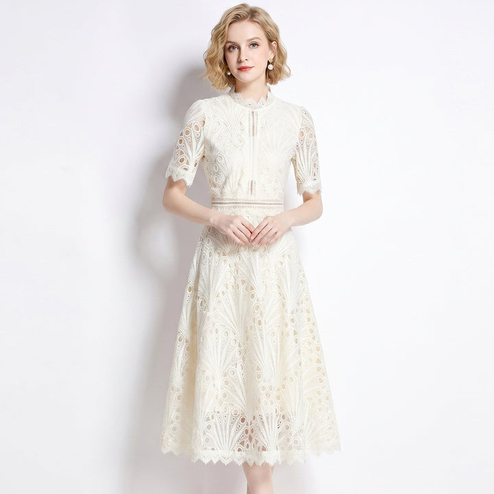 Lace Midi Dress - Hollow Out A-Line Short Sleeve