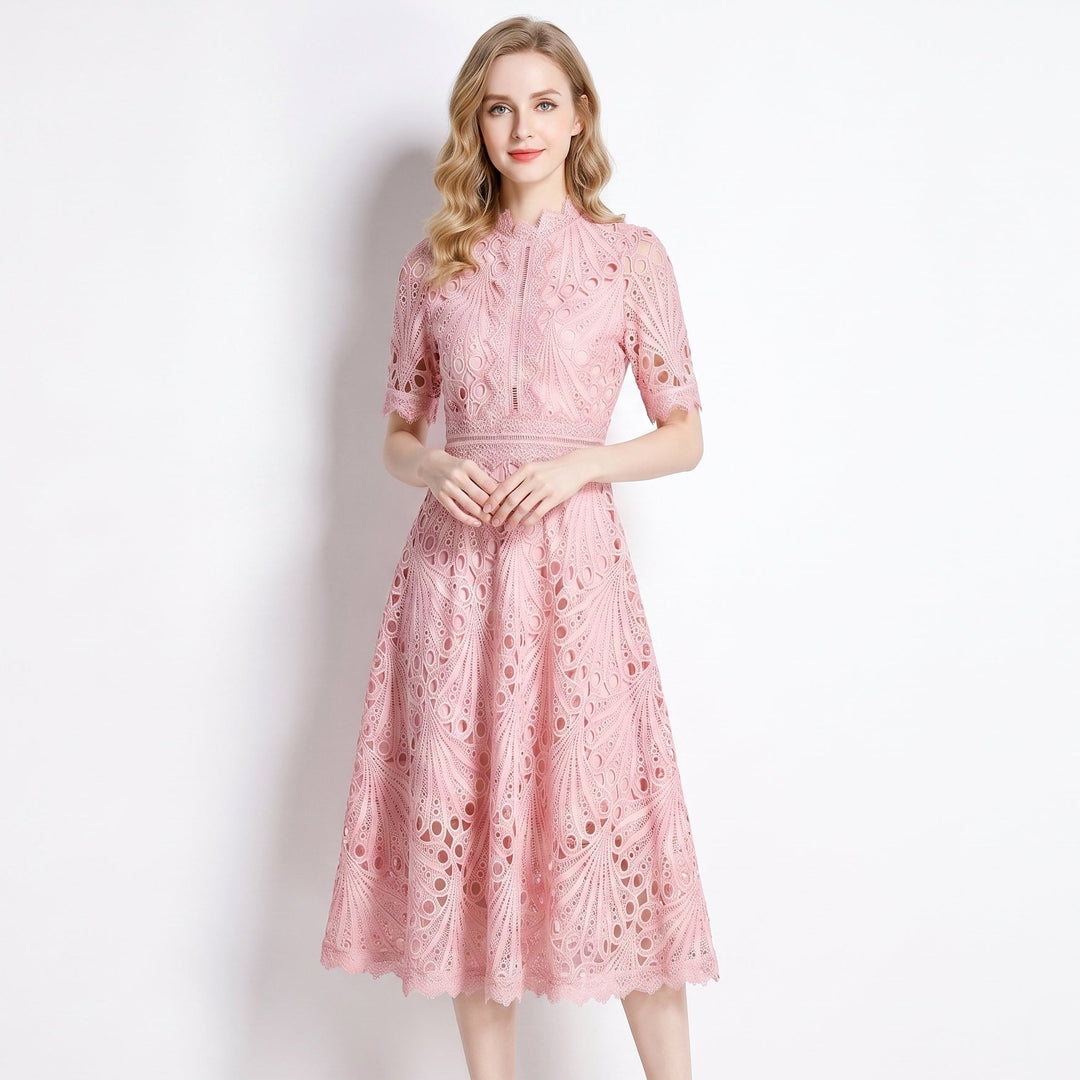 Lace Midi Dress - Hollow Out A-Line Short Sleeve