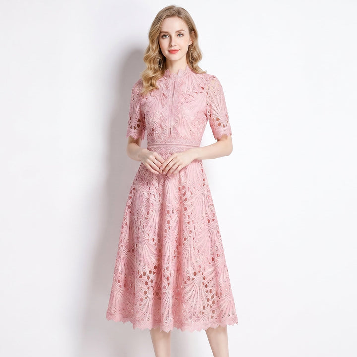 Lace Midi Dress - Hollow Out A-Line Short Sleeve