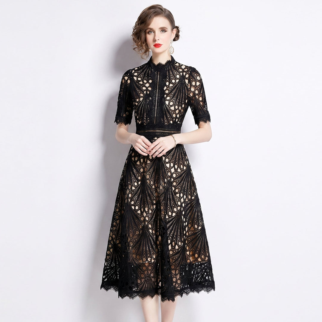 Lace Midi Dress - Hollow Out A-Line Short Sleeve