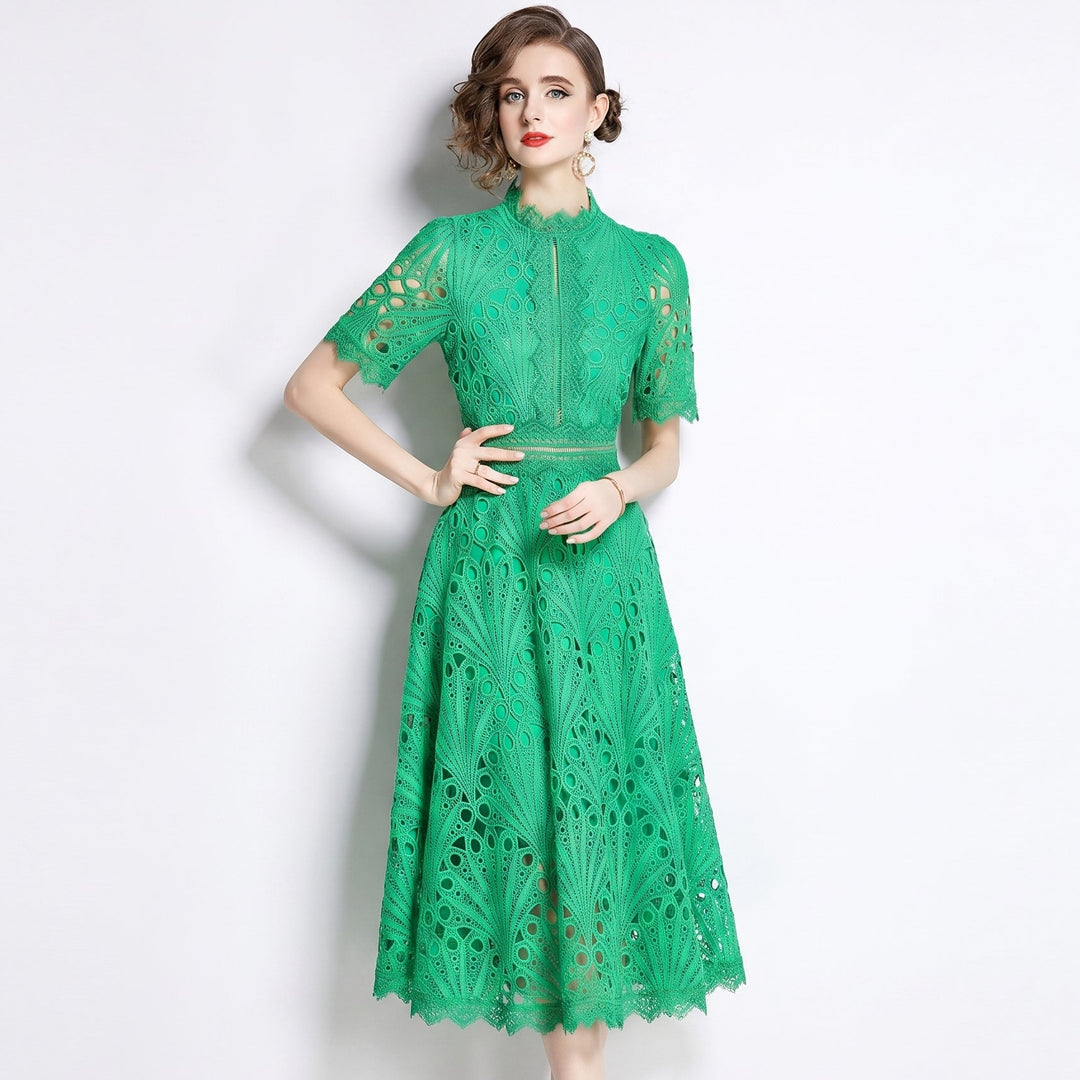 Lace Midi Dress - Hollow Out A-Line Short Sleeve