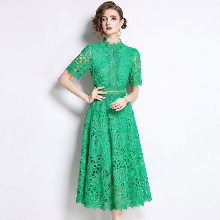 Lace Midi Dress - Hollow Out A-Line Short Sleeve