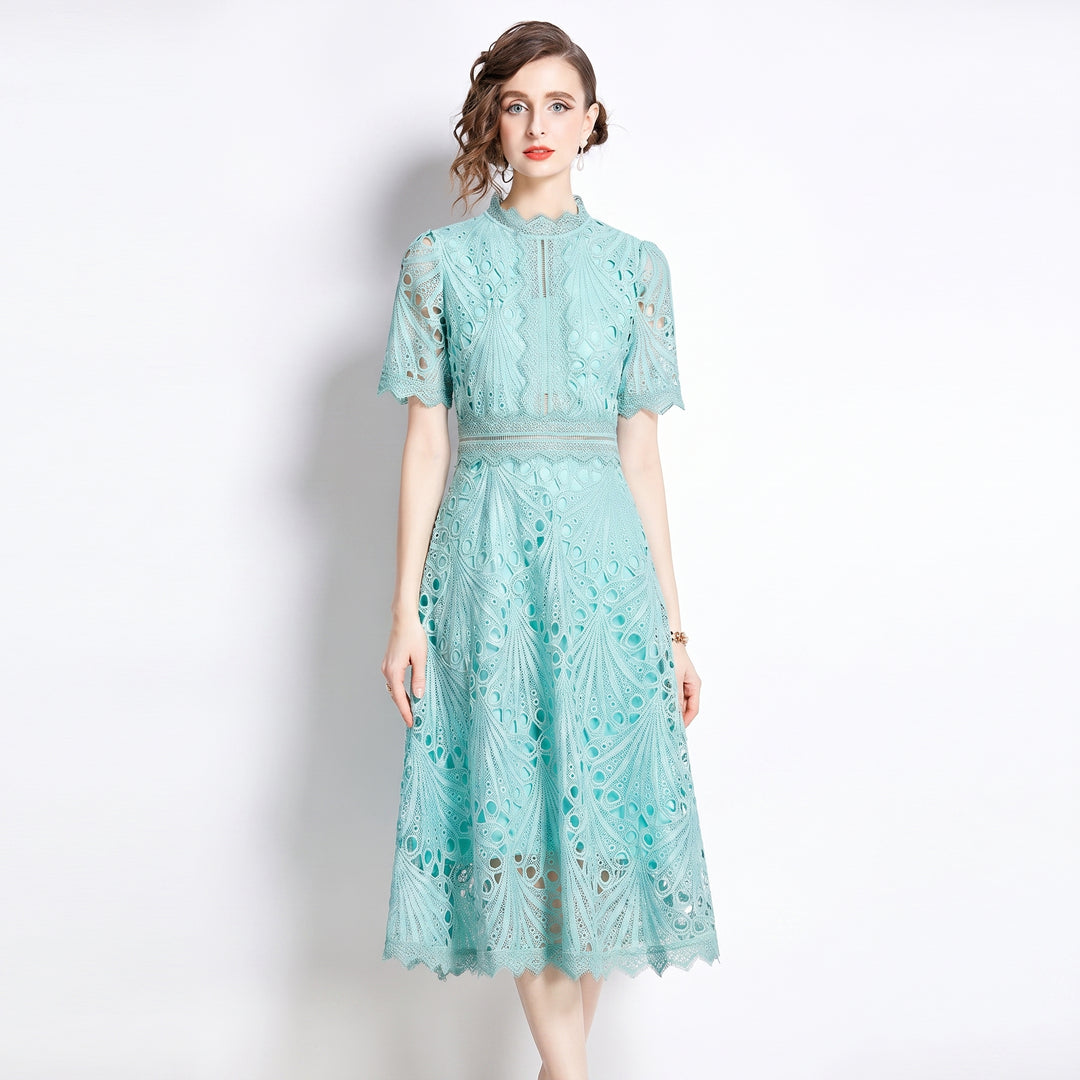Lace Midi Dress - Hollow Out A-Line Short Sleeve