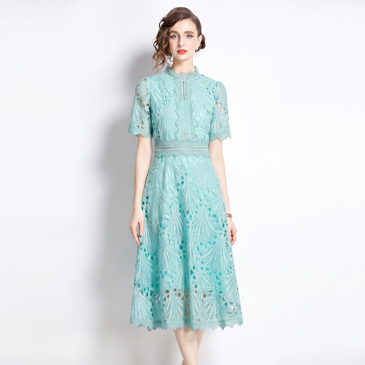 Lace Midi Dress - Hollow Out A-Line Short Sleeve