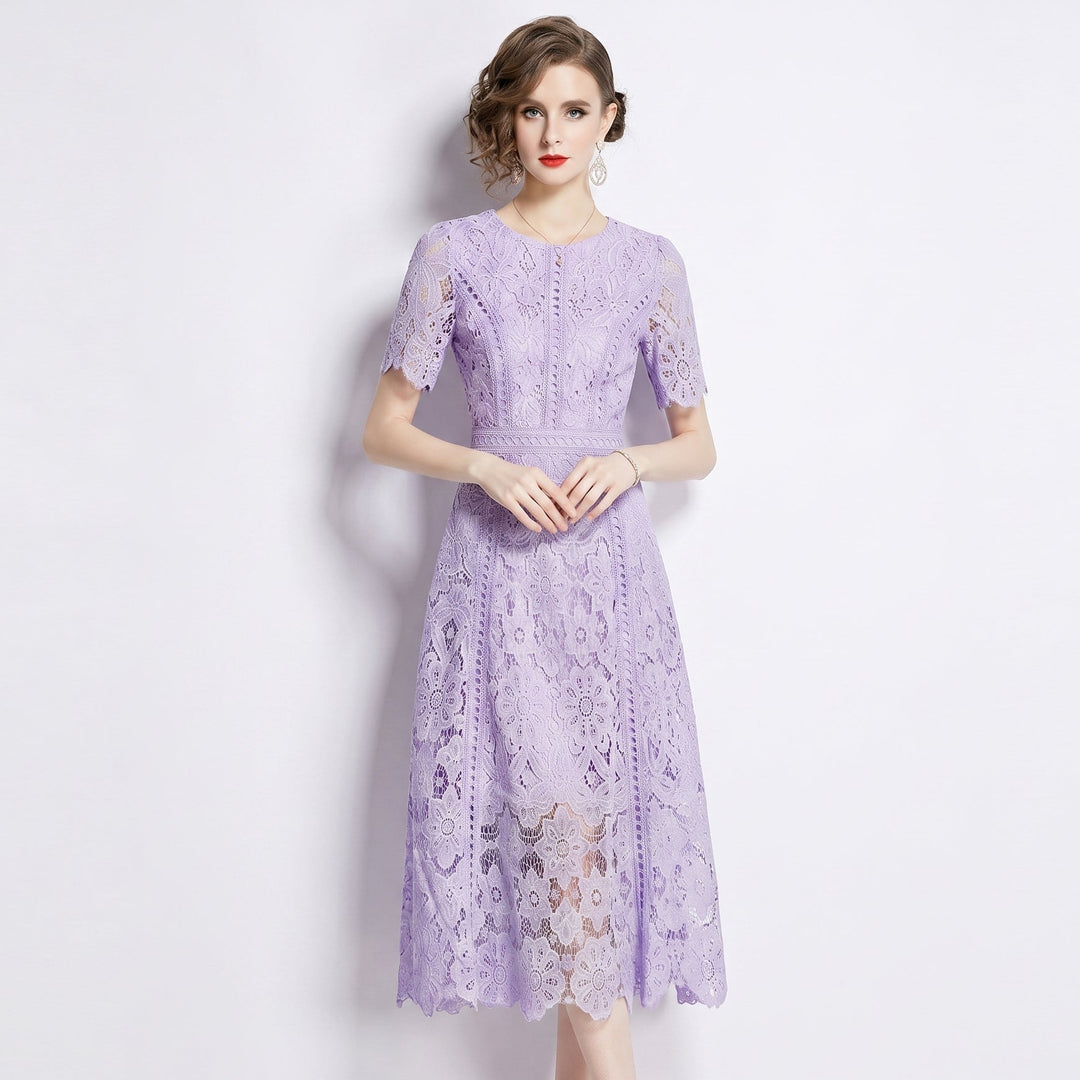 Lace Midi Dress - Hollow Out A-Line Short Sleeve