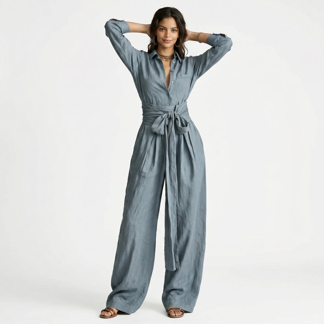 Linen Jumpsuit - Wide Leg Belted Button Down