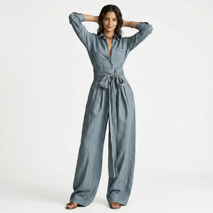 Linen Jumpsuit - Wide Leg Belted Button Down