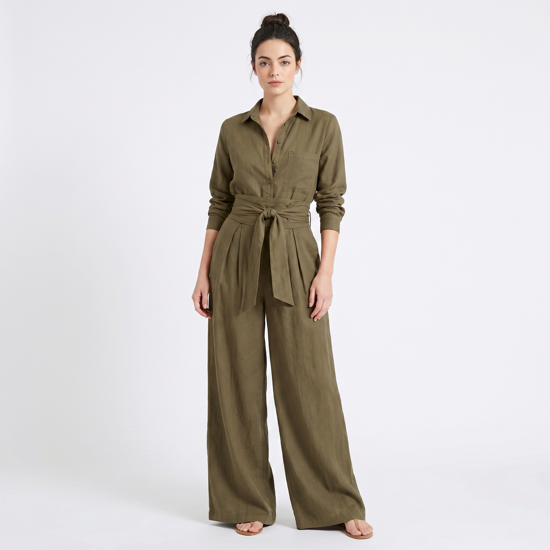 Linen Jumpsuit - Wide Leg Belted Button Down
