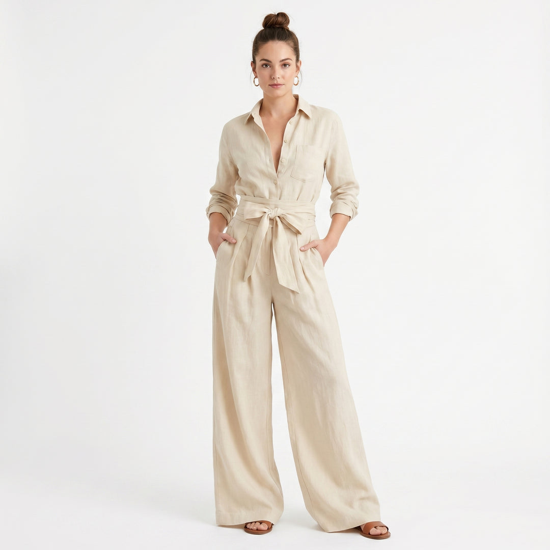 Linen Jumpsuit - Wide Leg Belted Button Down