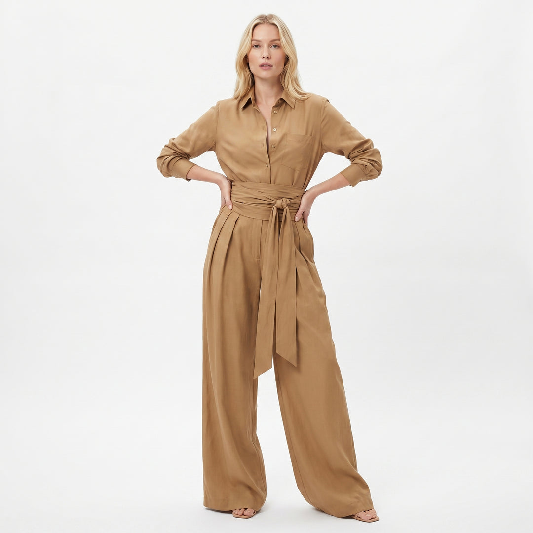 Linen Jumpsuit - Wide Leg Belted Button Down